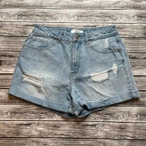 Forever 21 Distressed Cuffed Denim Jean Shorts Light Blue 27 Hi Rise High Waist